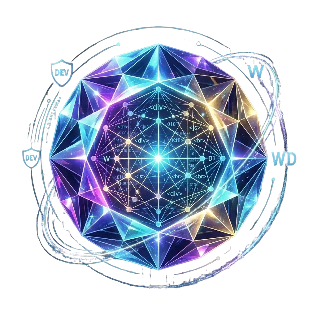 3D illustration showcasing digital innovation and modern web development with floating geometric shapes in purple and blue gradients